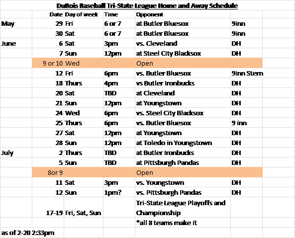 2020 DuBois Tri State Schedule Showers Field Showers Field